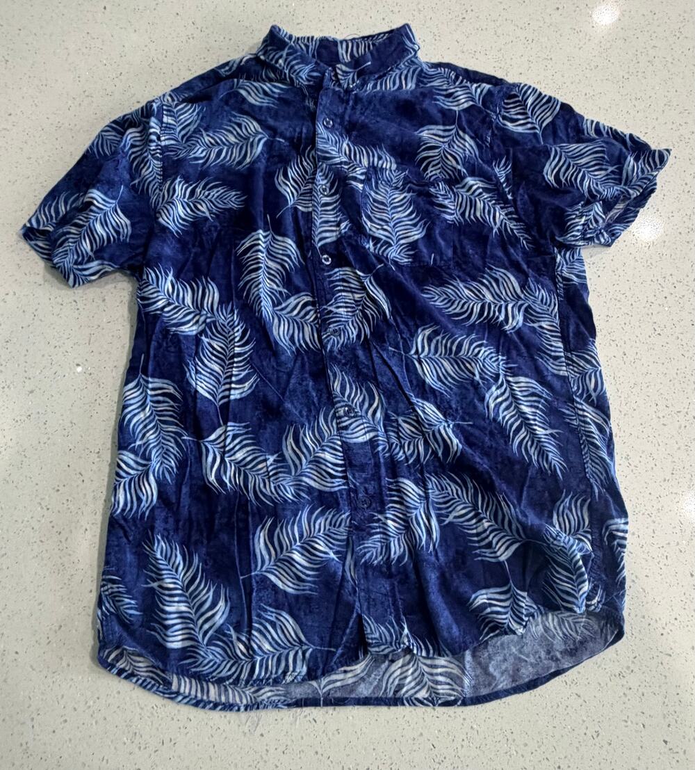 Molokai Surf Co Mens XL Hawaiian Shirt Navy Blue Leaf Short Sleeve Button Up